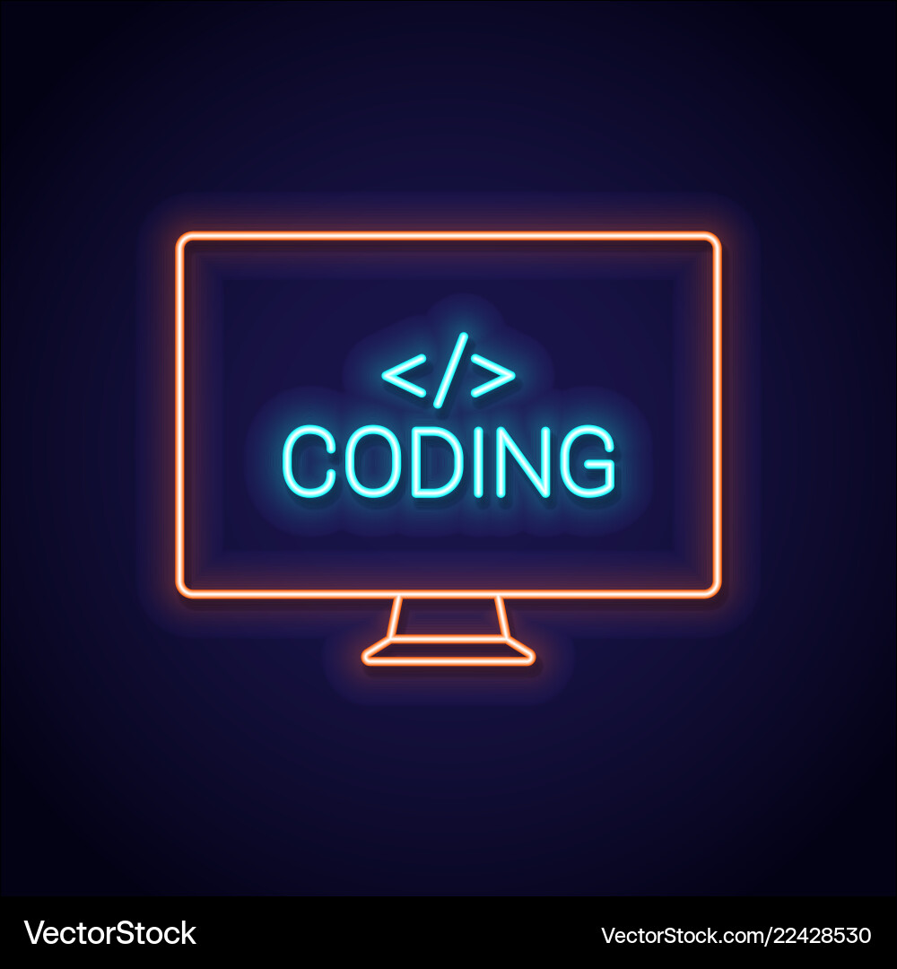 Coding neon sign pc monitor with programming Coding neon sign pc monitor with programming vector image