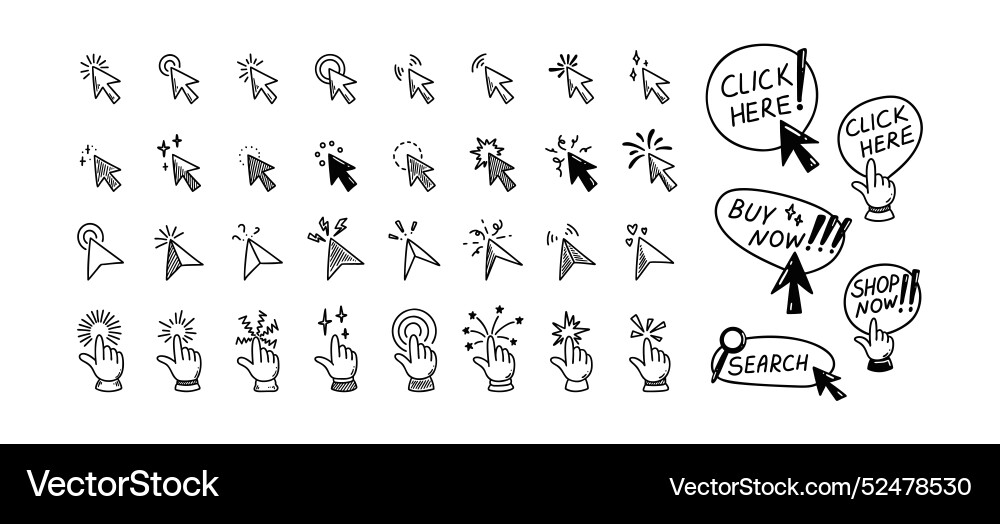 Doodle click icon set hand drawn mouse cursor Doodle click icon set hand drawn mouse cursor vector image