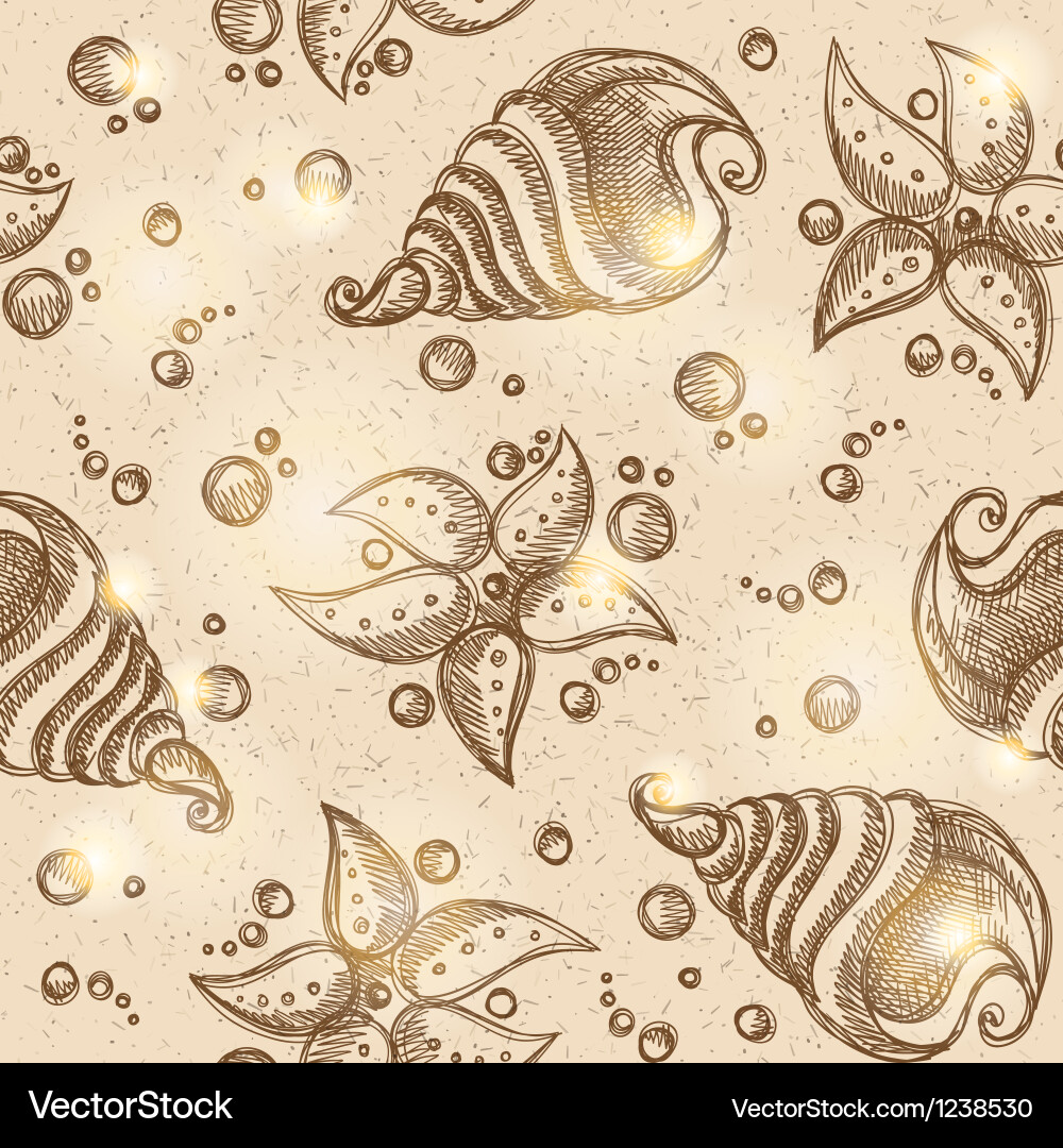 Starfish & Shell Seamless Pattern - Textured Vector Image