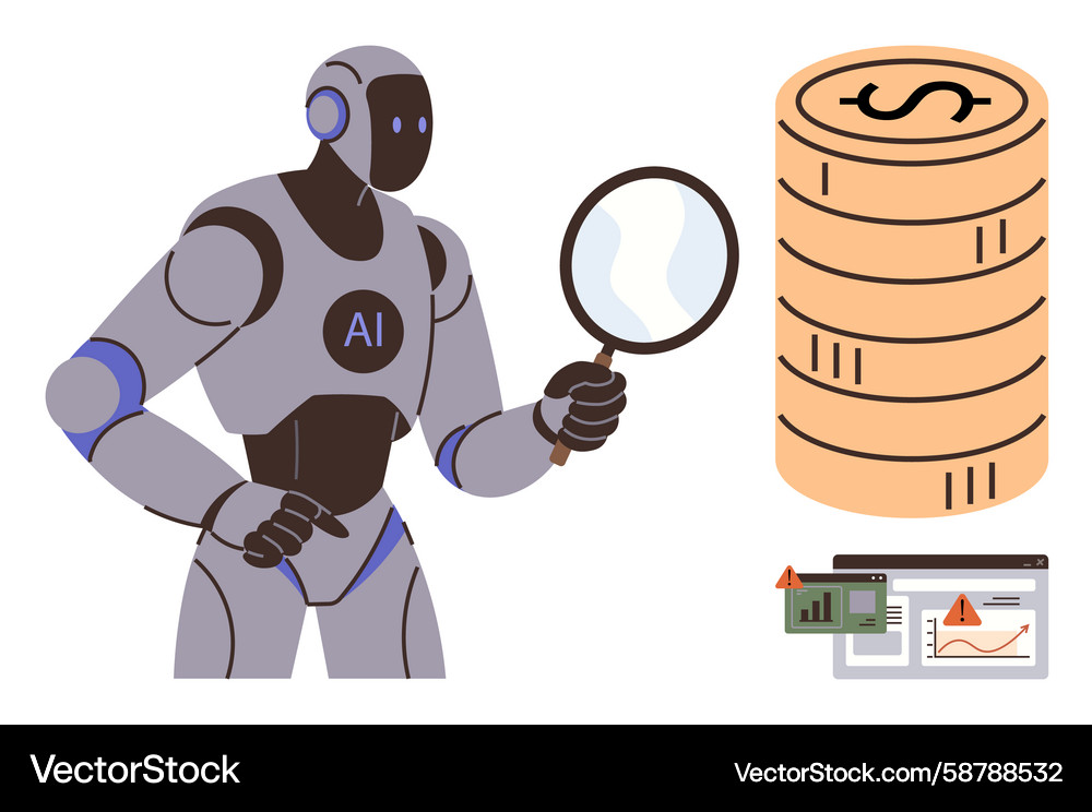Ai robot analyzing financial data with magnifying Ai robot analyzing financial data with magnifying Vector Image