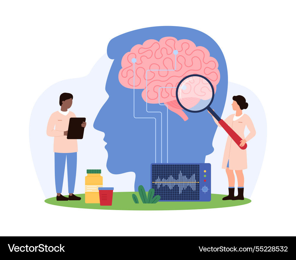 Brain functions examination concept with tiny Brain functions examination concept with tiny vector image