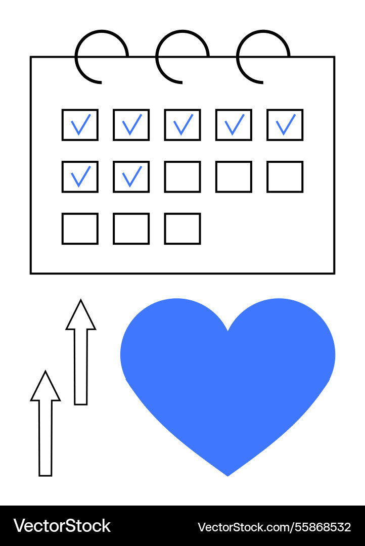 Calendar with checkmarks heart symbol and upward Calendar with checkmarks heart symbol and upward Vector Image