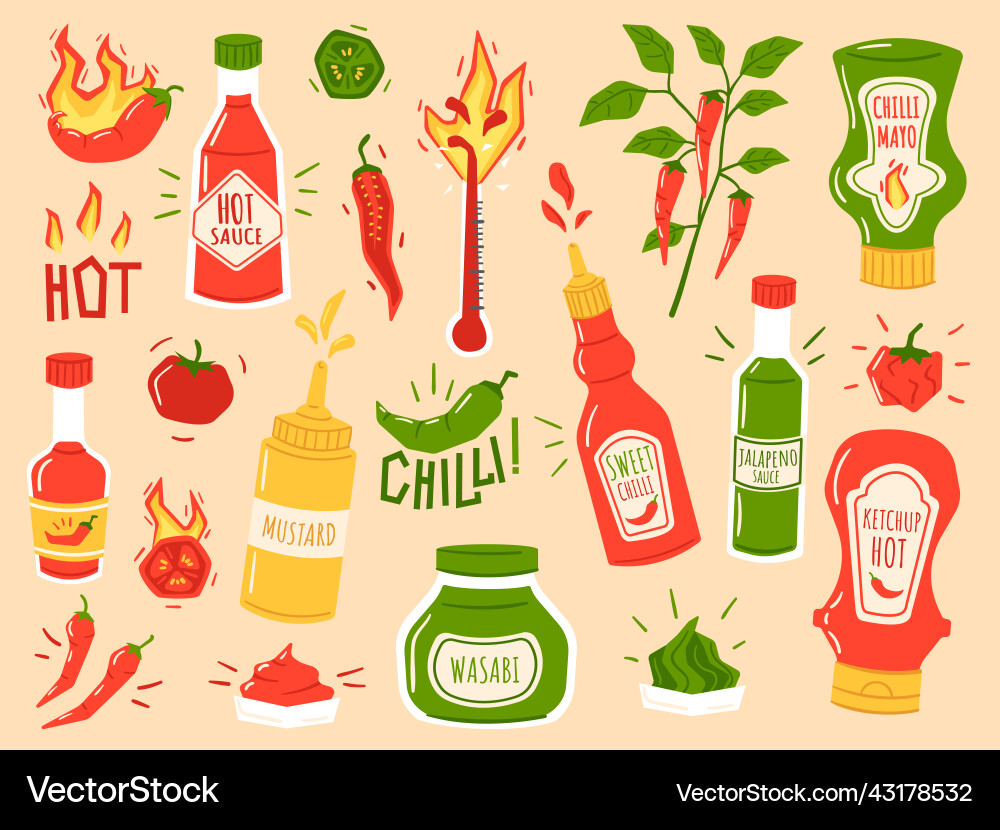 Hot sauces sweet chilli spicy mayo and ketchup Hot sauces sweet chilli spicy mayo and ketchup vector image