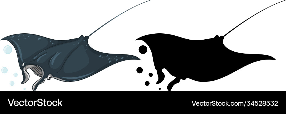Manta ray characters and its silhouette on white Vector Image