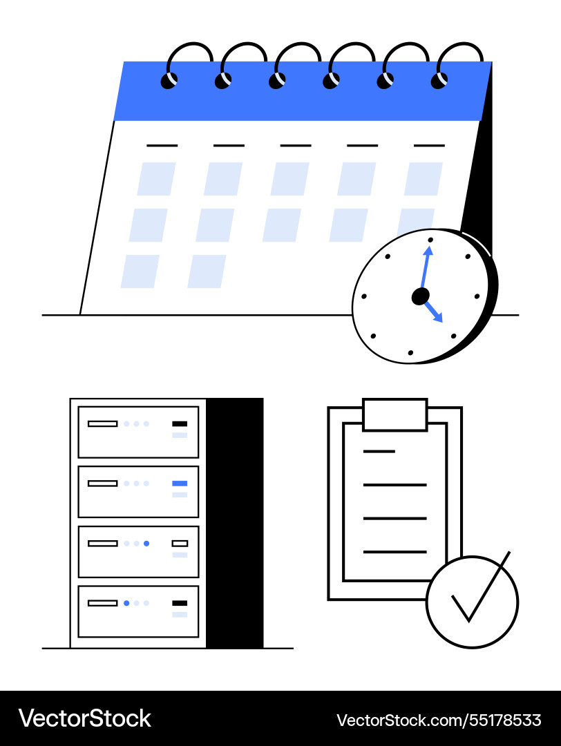 Calendar clock checklist and server elements Calendar clock checklist and server elements vector image