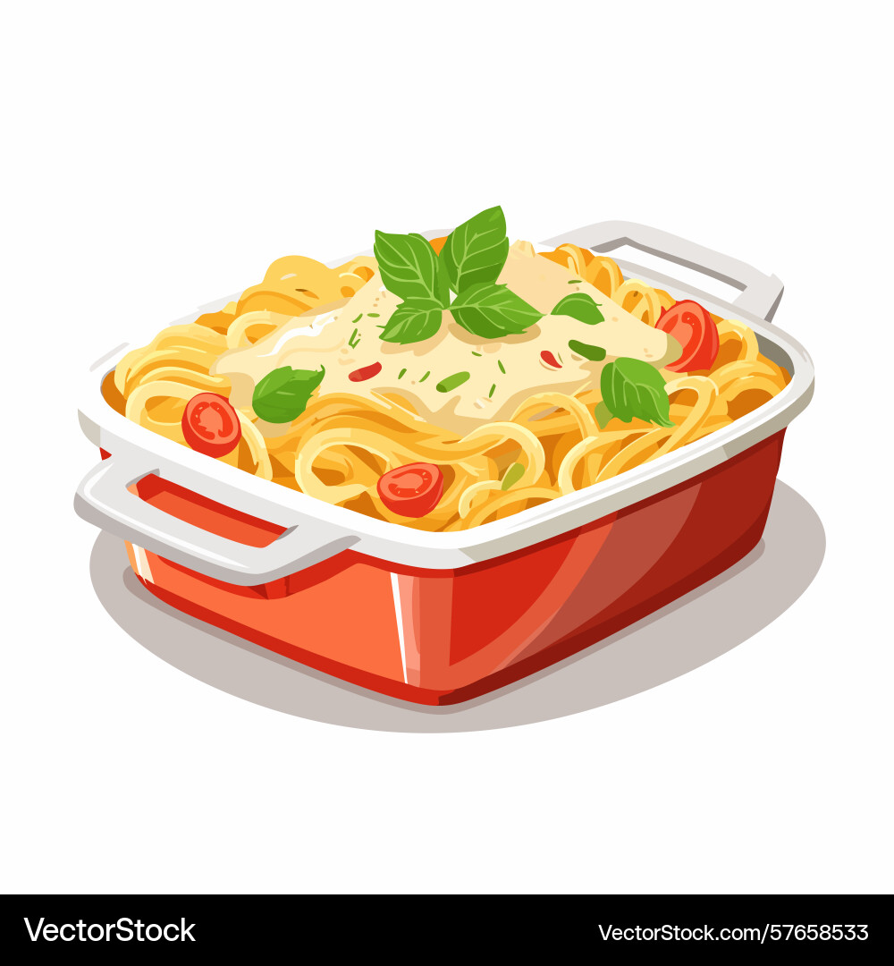 Creamy spaghetti with tomatoes and basil in a red Creamy spaghetti with tomatoes and basil in a red Vector Image