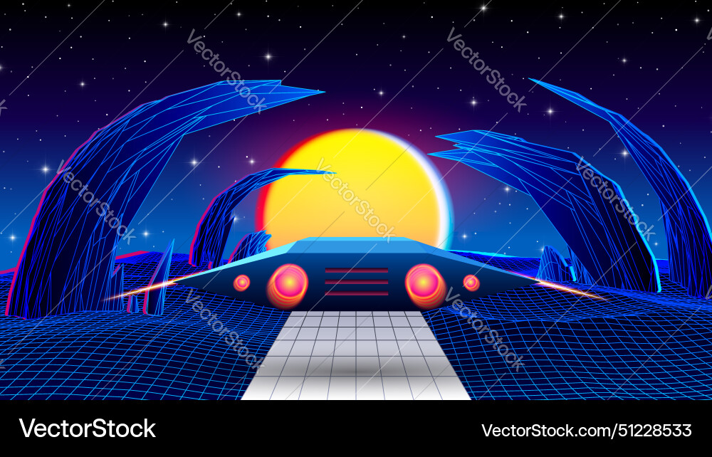 Spaceship flying over alien planet with ancient Spaceship flying over alien planet with ancient vector image