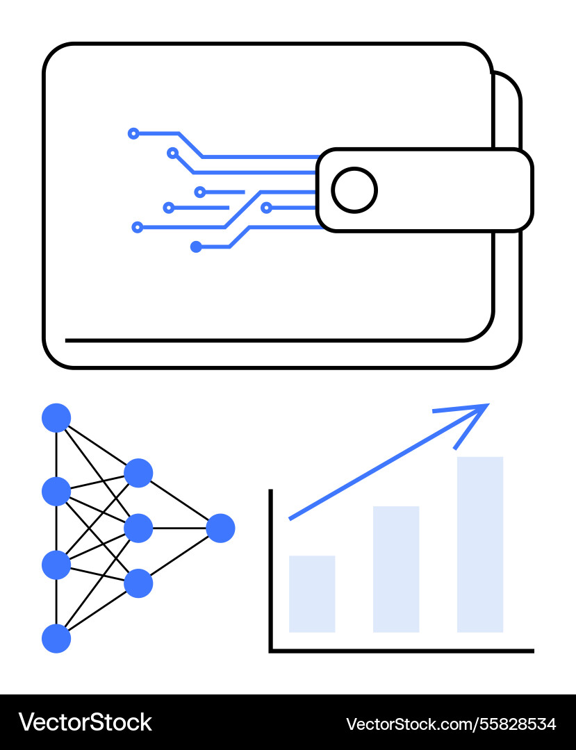 Digital wallet with neural network and growth Digital wallet with neural network and growth vector image
