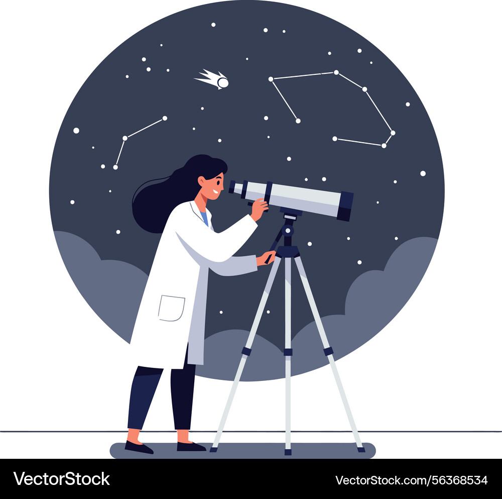 Female astronomer using telescope to observe Vector Image