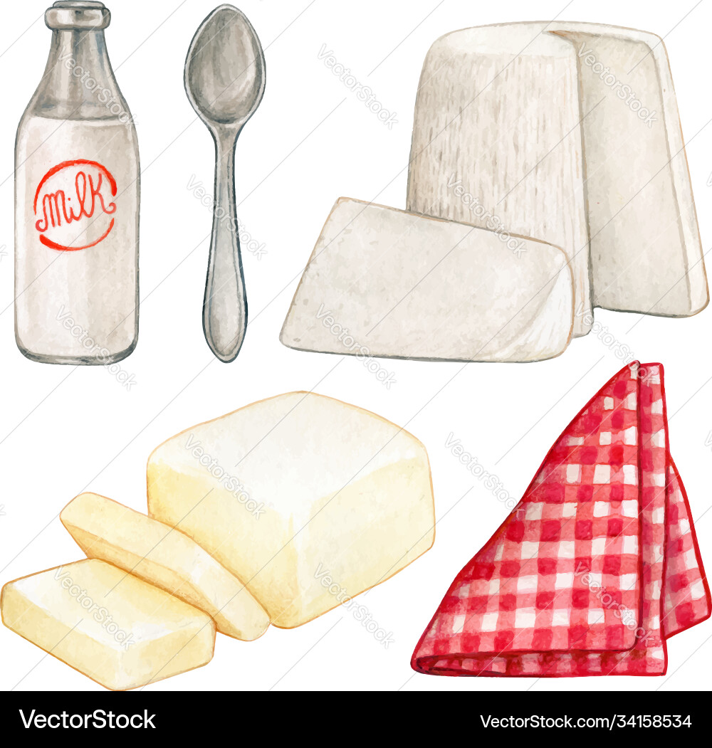 Watercolor dairy products and red checkered napkin Watercolor dairy products and red checkered napkin vector image
