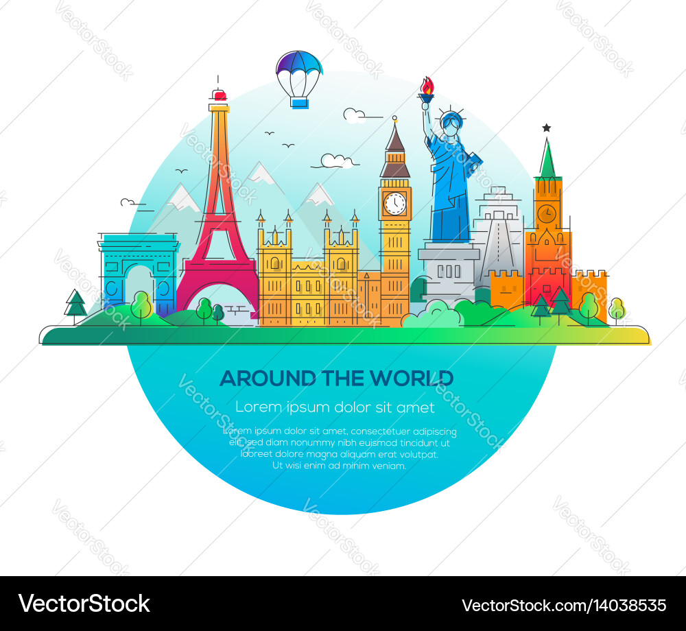 Around the world - line travel – Royalty-Free Vector | VectorStock, image size:1000x920