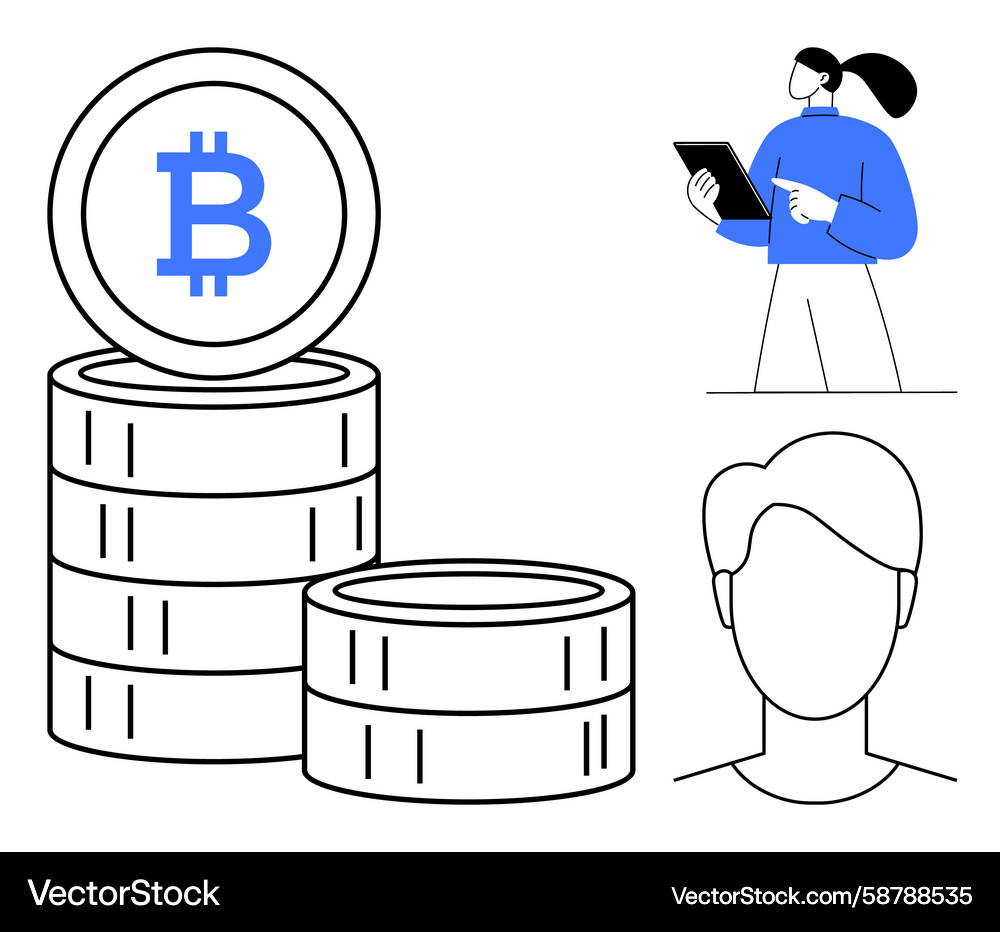 Cryptocurrency concept with bitcoin stacks user Cryptocurrency concept with bitcoin stacks user Vector Image