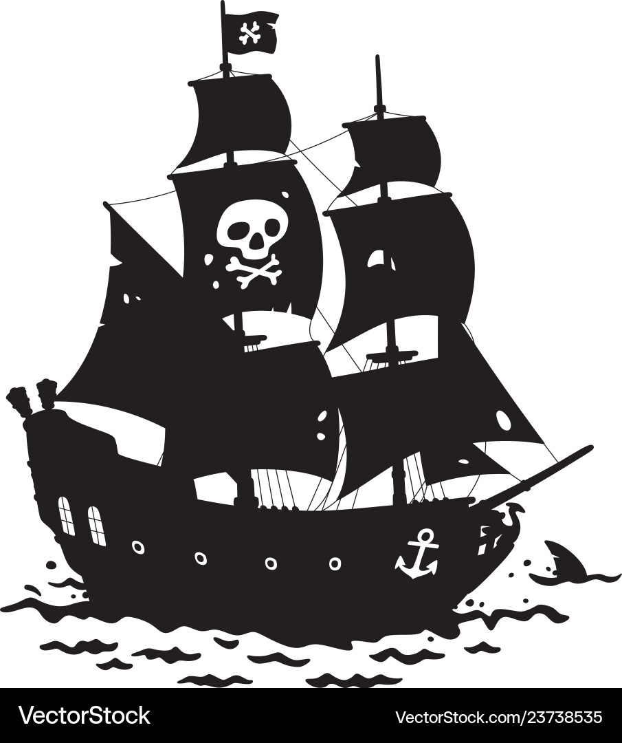 Pirate sailing ship with a blackjack in tropical vector image