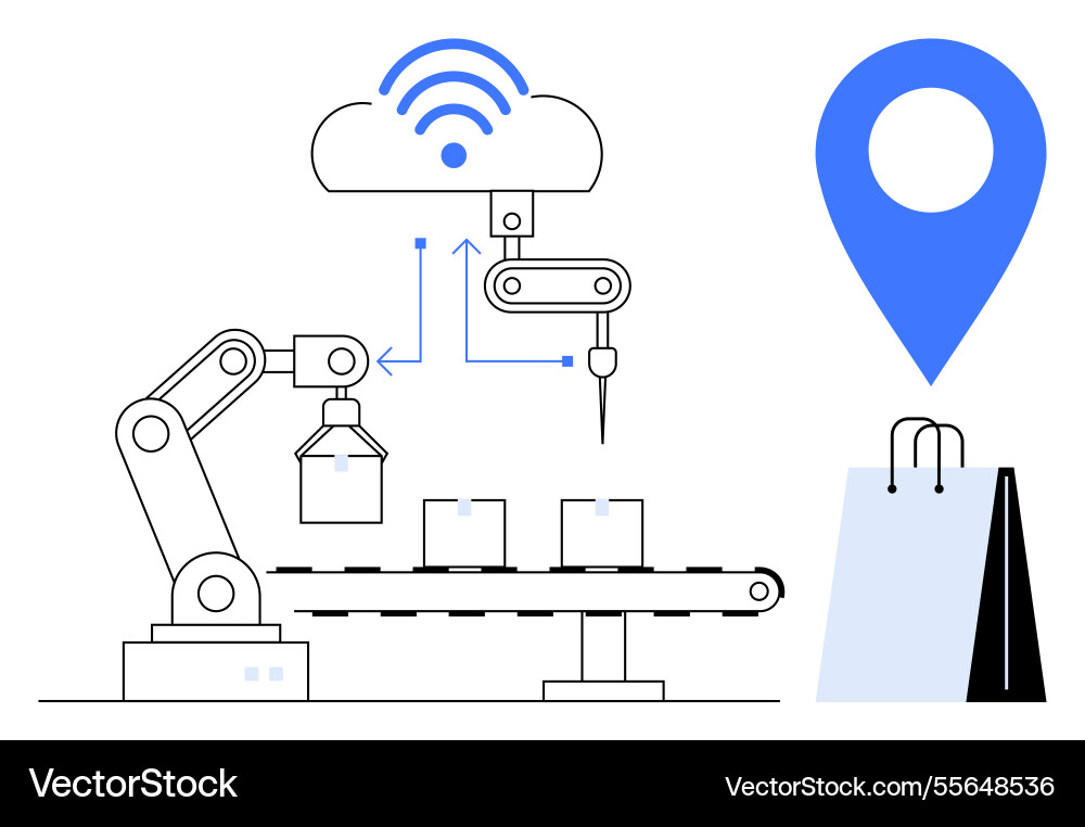 Automated robotic arm processing packages Automated robotic arm processing packages vector image