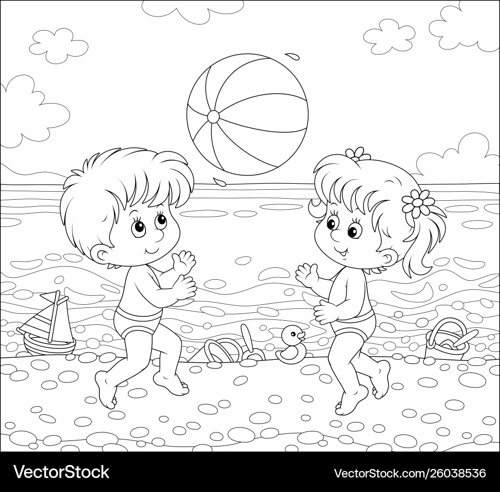 Children playing a big ball on beach Children playing a big ball on beach vector image