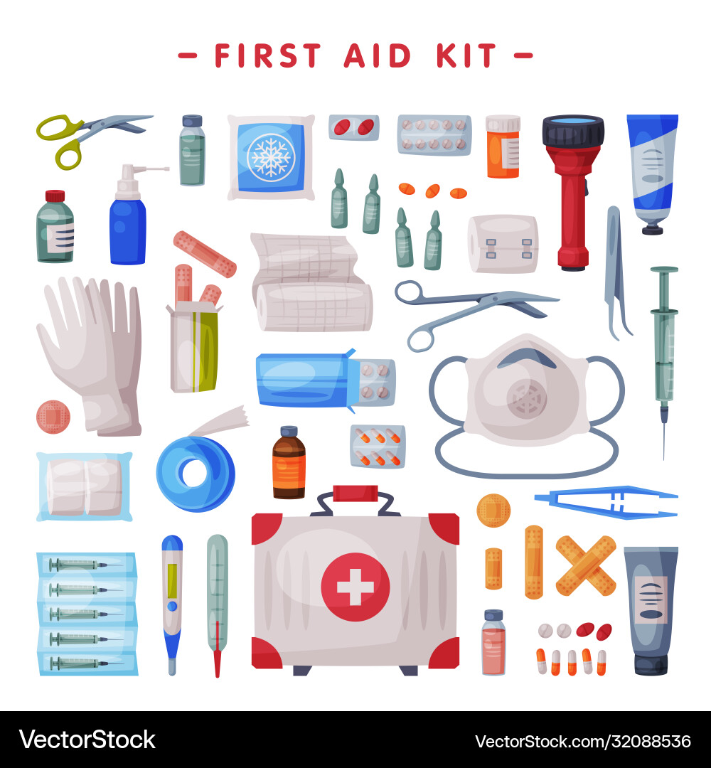First aid kit medical emergency box equipment First aid kit medical emergency box equipment Vector Image