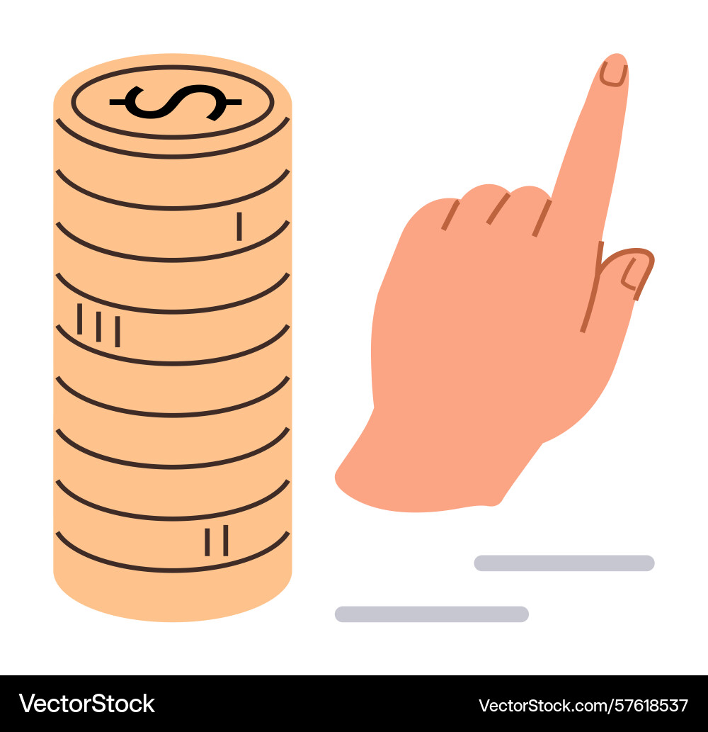 Hand pointing near a stack of coins symbolizing Vector Image