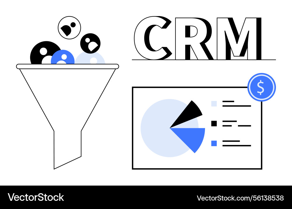 Crm funnel and analytics with pie chart Crm funnel and analytics with pie chart vector image