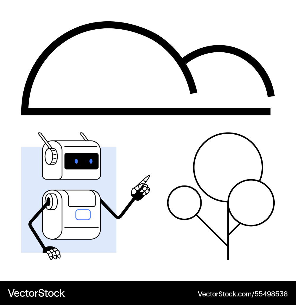 Friendly robot pointing at abstract cloud vector image