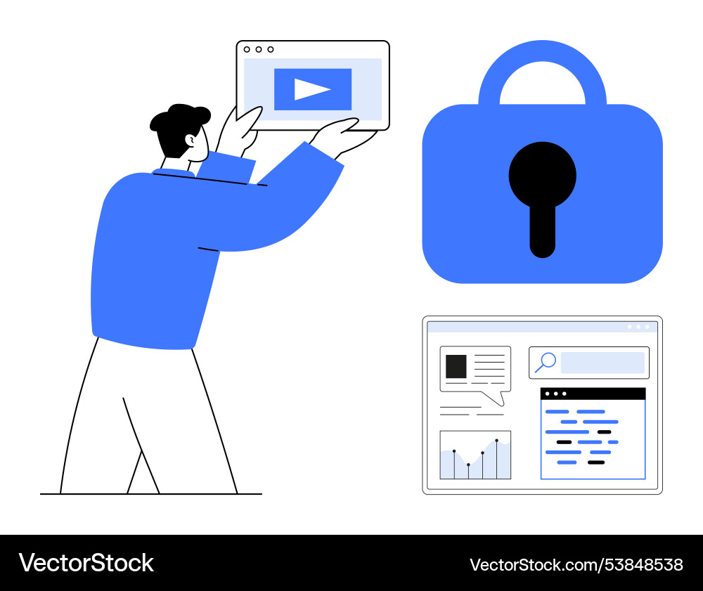 Man holding media player window with security lock vector image