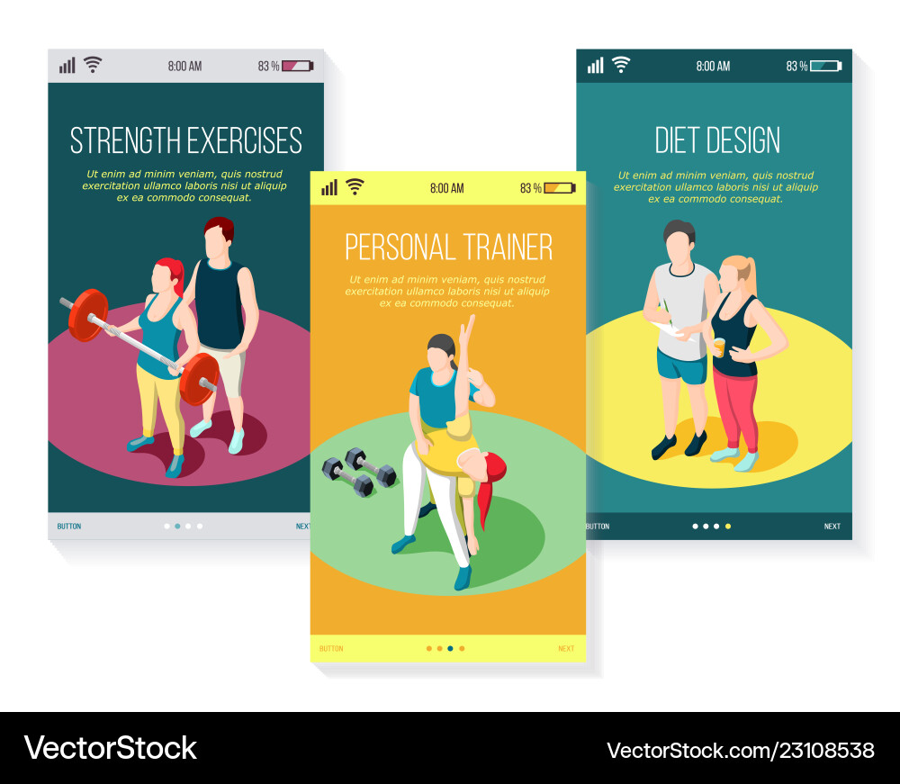 Personal trainer isometric mobile screens Personal trainer isometric mobile screens vector image