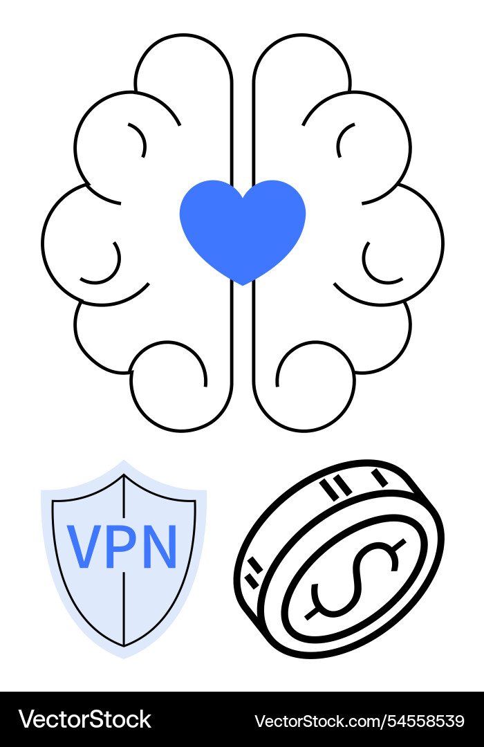 Brain with heart vpn shield and dollar coin Brain with heart vpn shield and dollar coin vector image