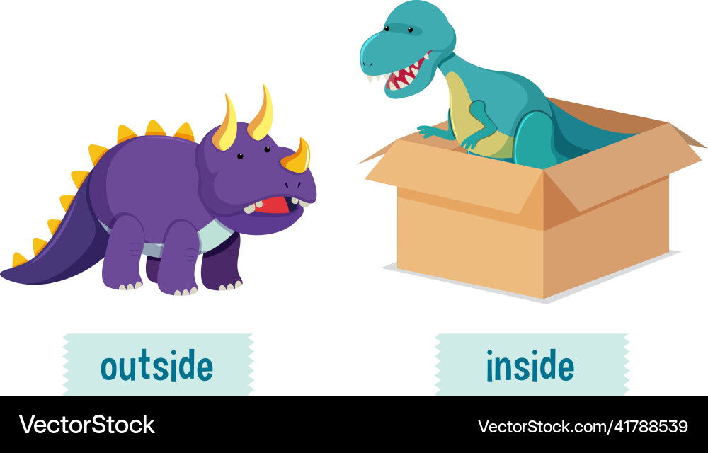 English prepositions with dinosaurs in and out English prepositions with dinosaurs in and out vector image