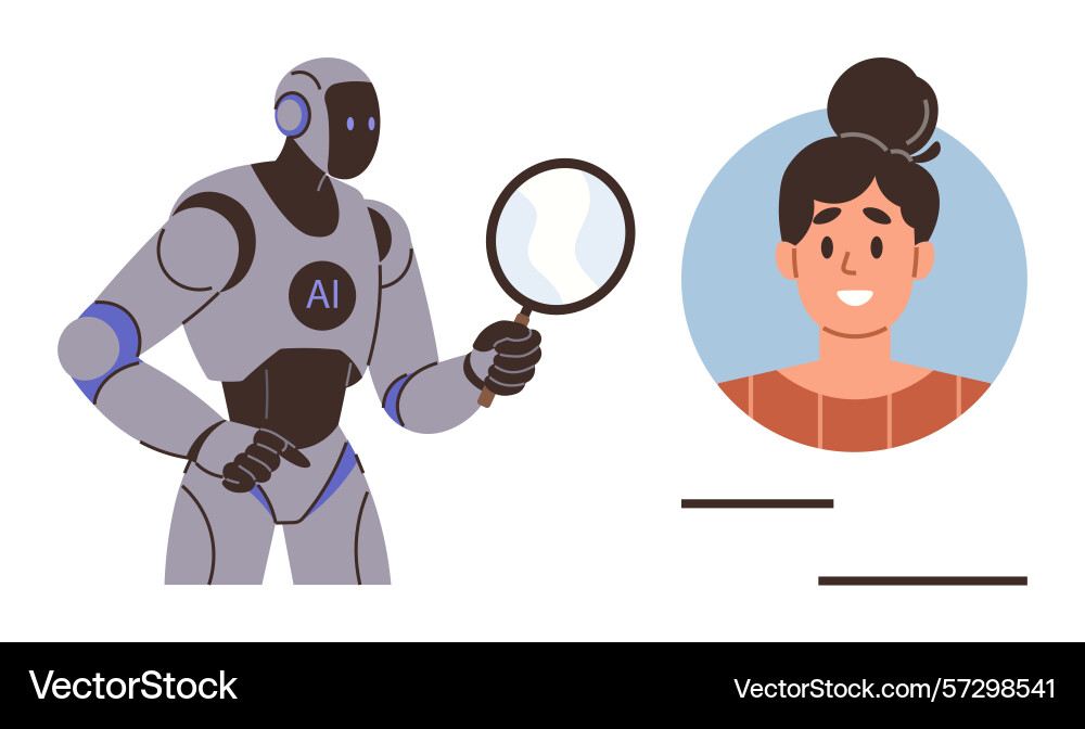 Ai robot analyzing user profile with magnifying Ai robot analyzing user profile with magnifying vector image