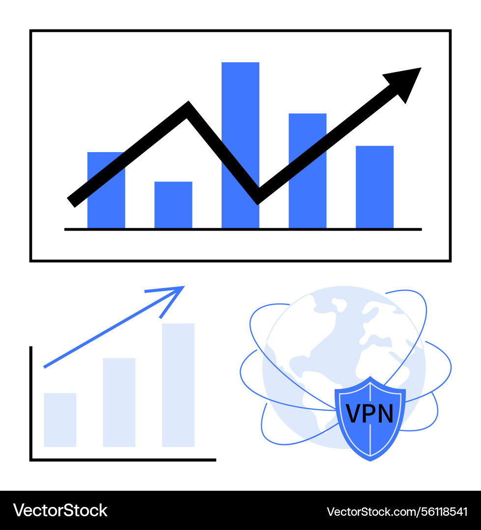 Data growth insights with bar chart and global vpn Data growth insights with bar chart and global vpn vector image