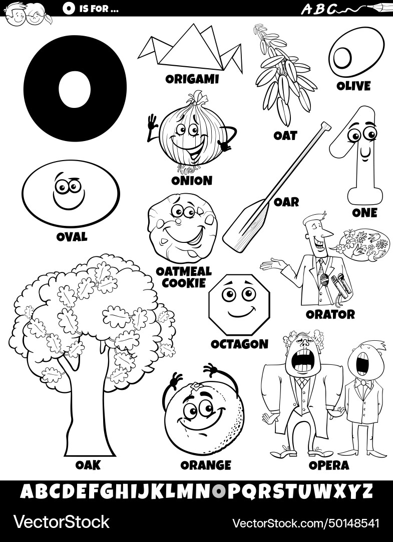 Letter o set with cartoon objects and characters Letter o set with cartoon objects and characters Vector Image
