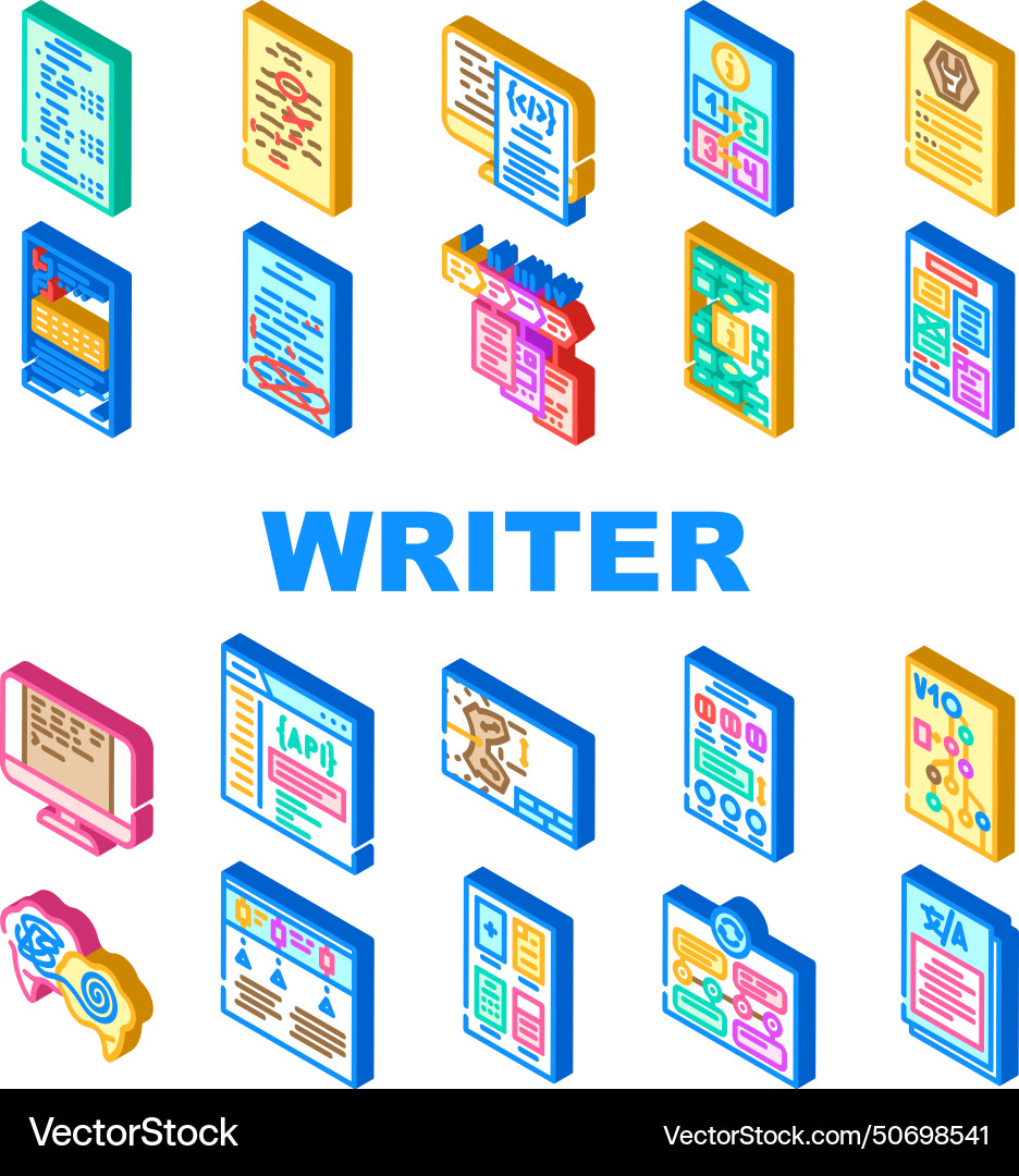Technical writer document manual icons set Technical writer document manual icons set vector image