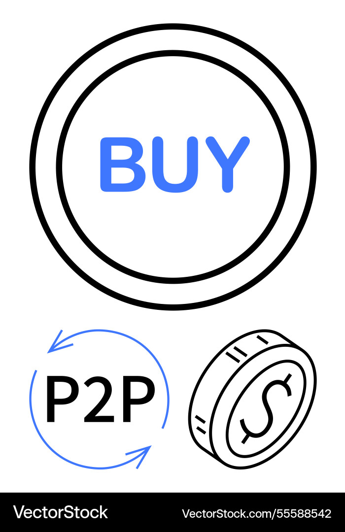 Circular buy button with p2p arrows and coin Circular buy button with p2p arrows and coin vector image
