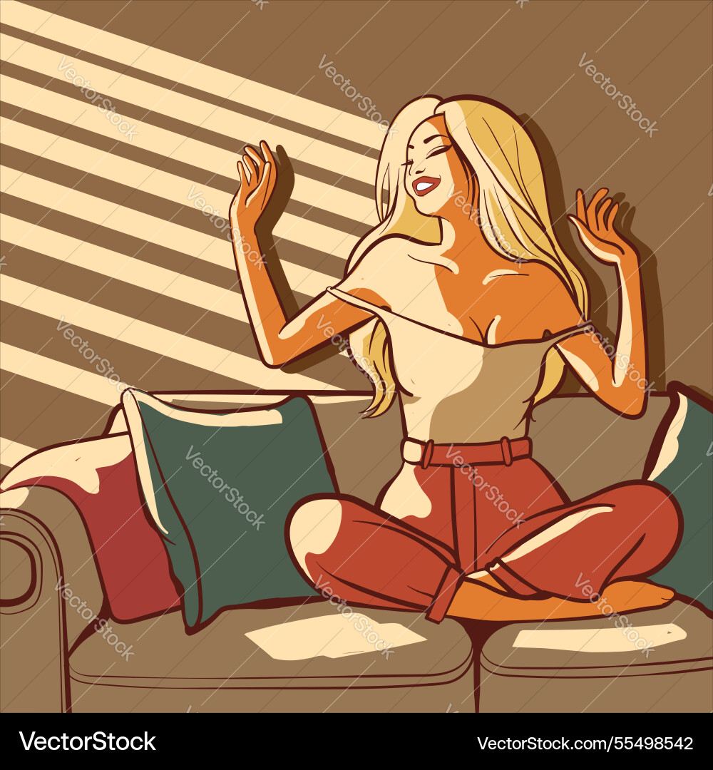 Happy woman sitting on a sofa at golden hour Happy woman sitting on a sofa at golden hour vector image