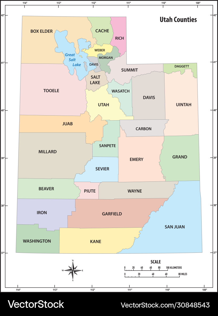 Utah State Map - Counties & Regions vector image