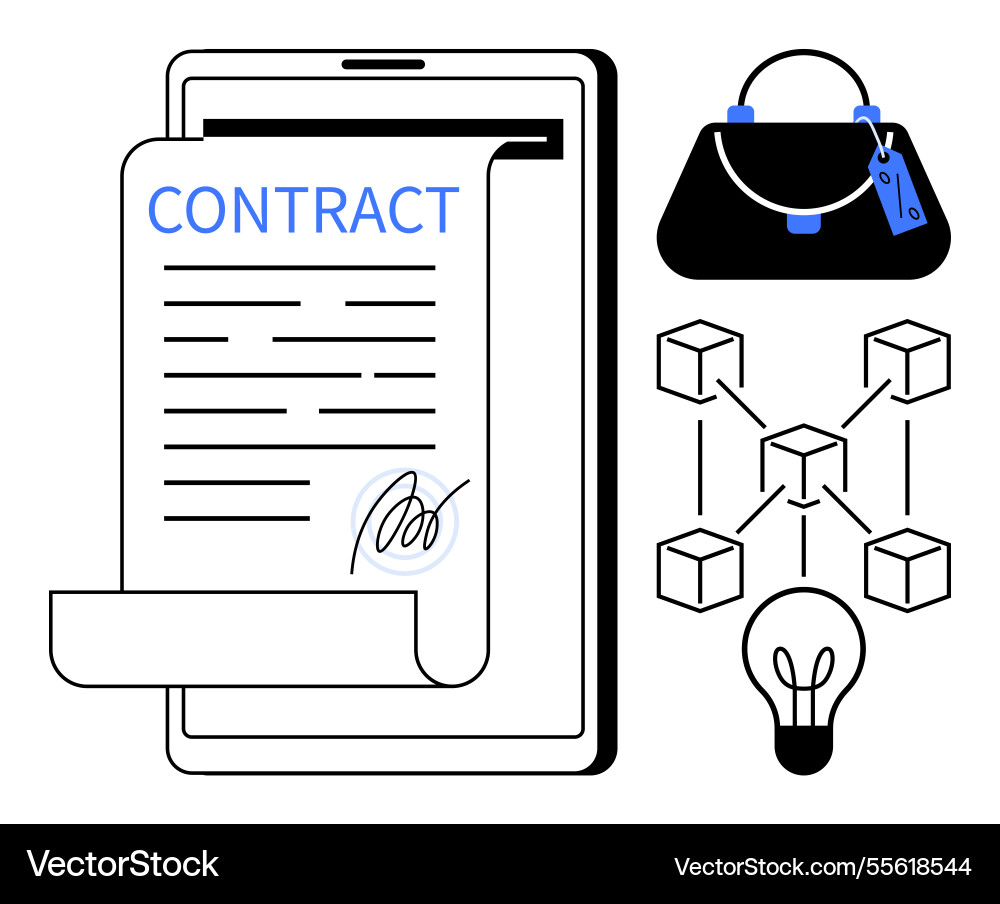 Digital contract on tablet with blockchain network Digital contract on tablet with blockchain network vector image