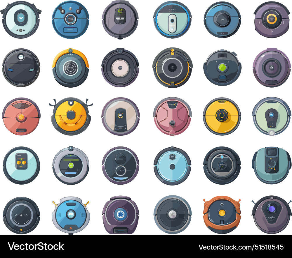 Cartoon different robot vacuum cleaners top view Vector Image
