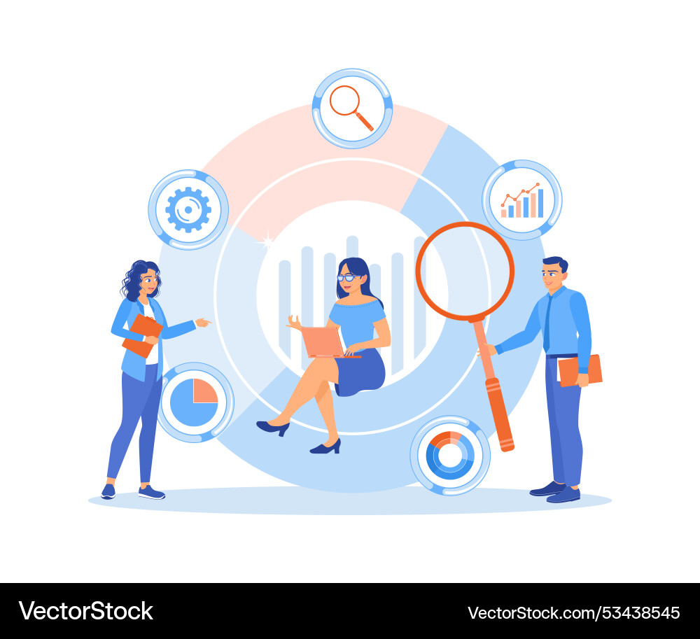 Office worker analyzes data graphs and charts vector image