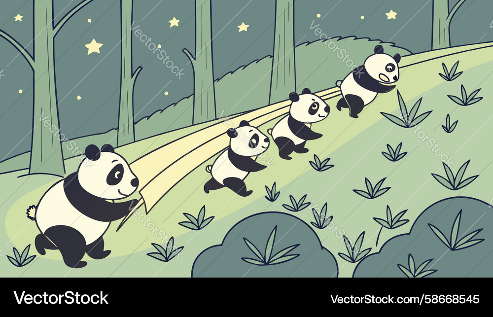 Pandas following trail playful forest path design Vector Image