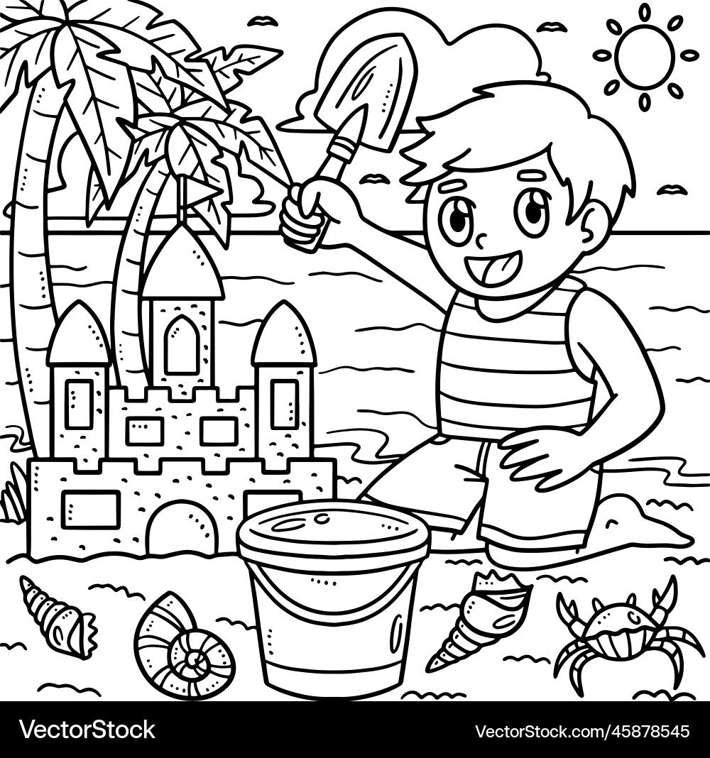 Süßes Kind Gebäude Sandcastle - Malvorlage Vektorbild