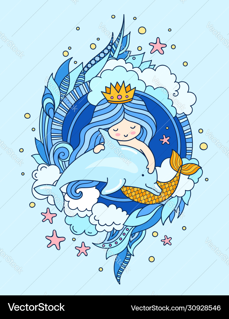 Cute little mermaid with dolphin surrounded Cute little mermaid with dolphin surrounded vector image