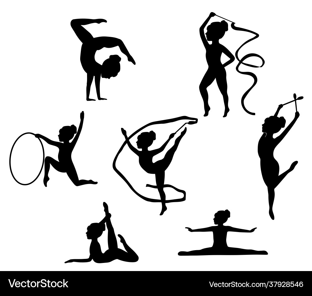 Silhouettes girl gymnast with ribbon and hoop vector image