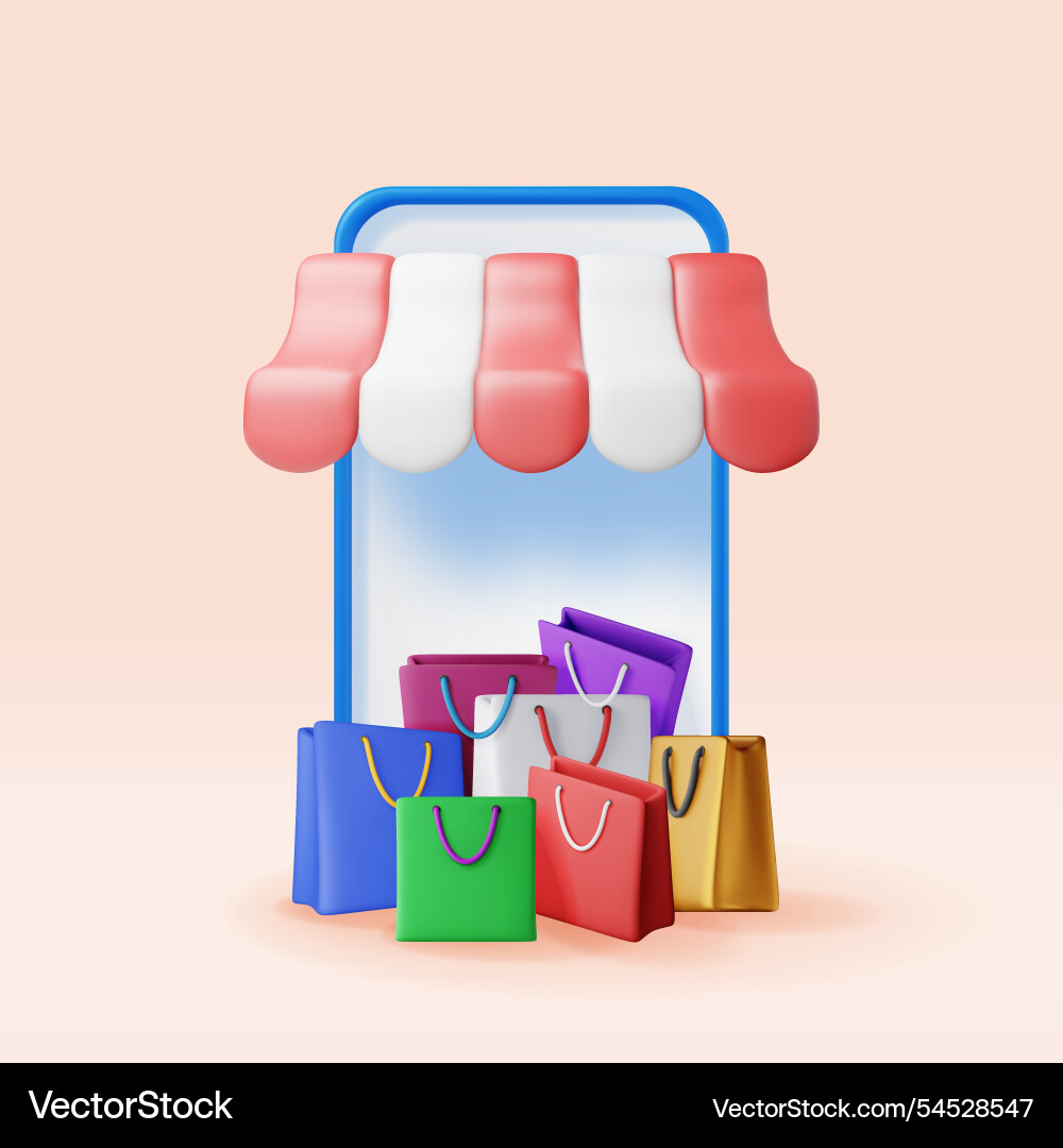 3d striped awning in smartphone and shopping bags 3d striped awning in smartphone and shopping bags vector image