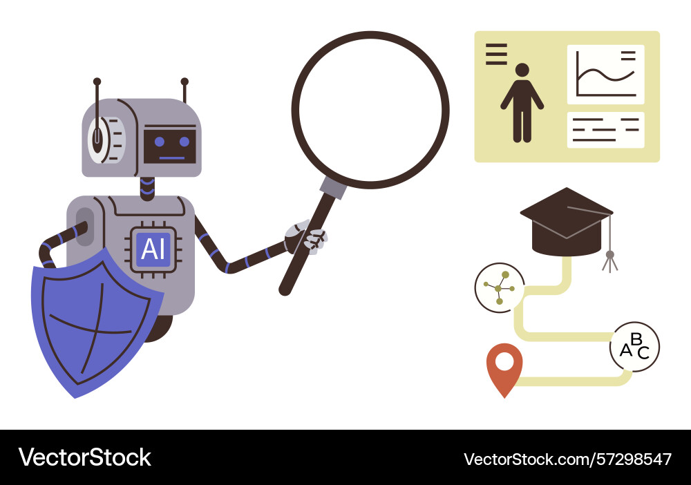 Ai robot analyzing data with magnifying glass and Ai robot analyzing data with magnifying glass and vector image