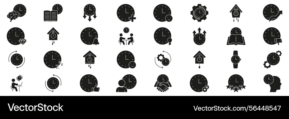 Clock and time management solid icon set Clock and time management solid icon set vector image