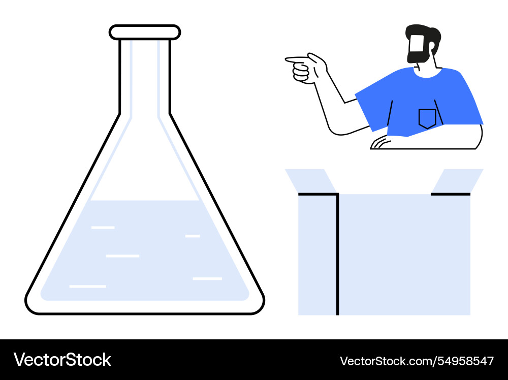 Man pointing at experiment in flask with box Man pointing at experiment in flask with box Vector Image