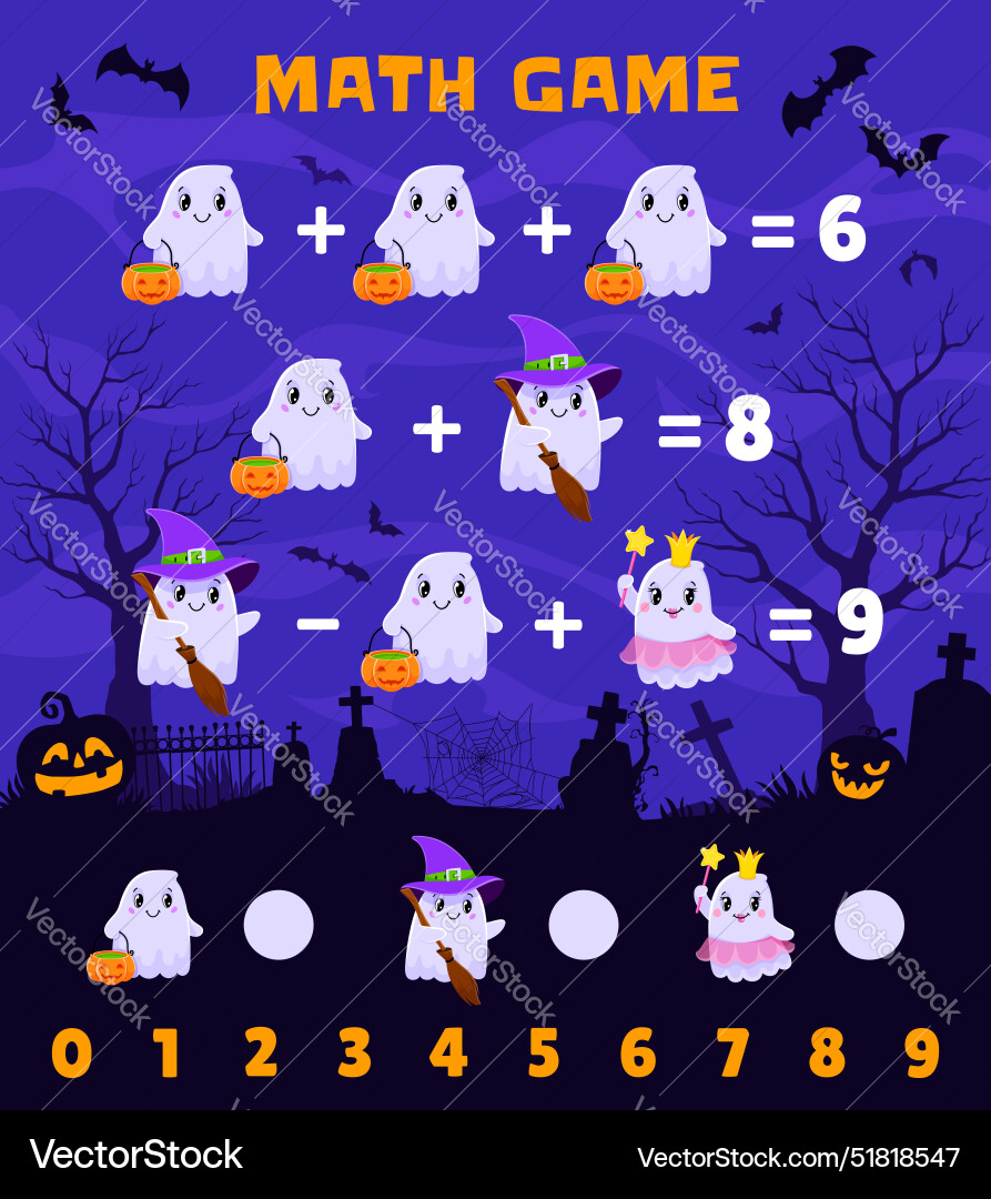 Math game worksheet with kawaii ghost characters Vector Image