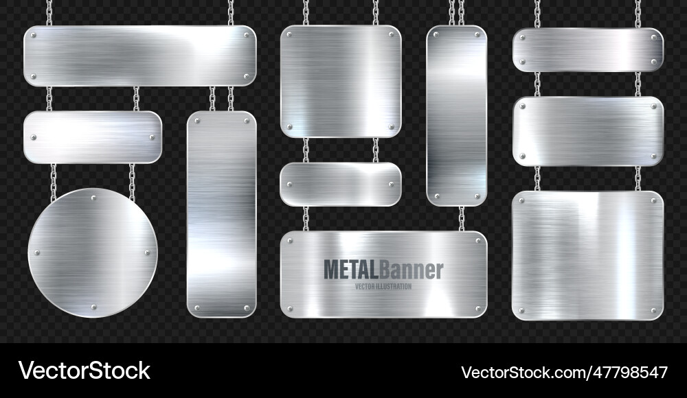 Metal banners hanging on a chain realistic shiny Vector Image
