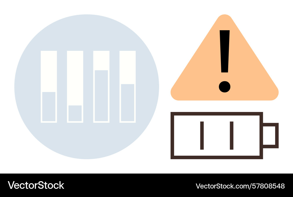 Low battery warning with exclamation triangle Low battery warning with exclamation triangle Vector Image