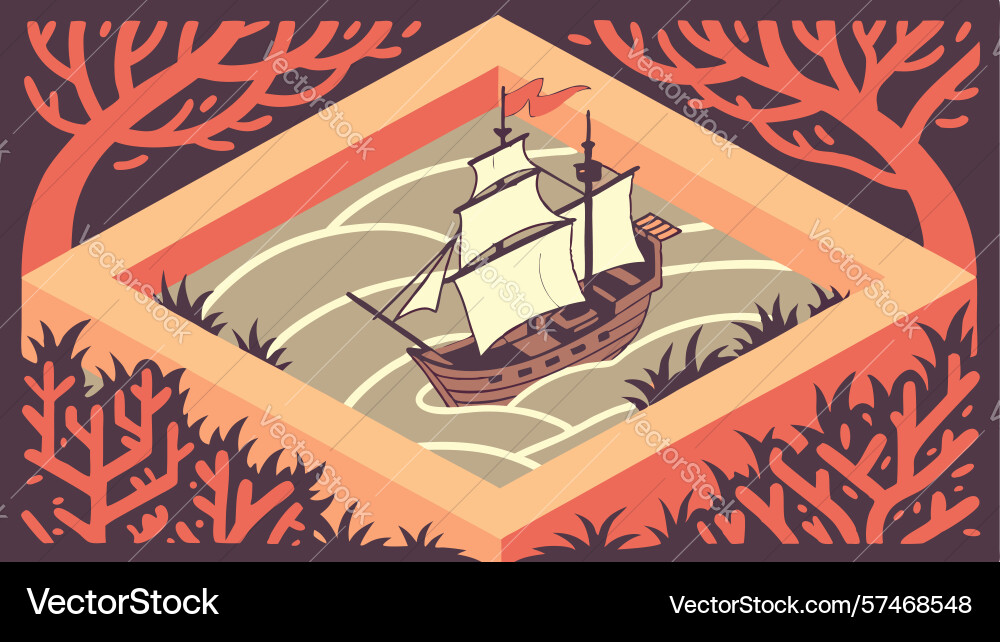 Sailing ship in abstract geometric frame design Vector Image