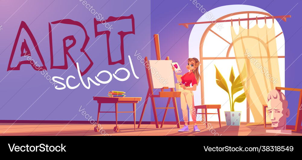 Kunstschule Cartoon Banner Künstlerin Mädchen in easyl Kunstschule Cartoon Banner Künstlerin Mädchen in easyl vektorbild